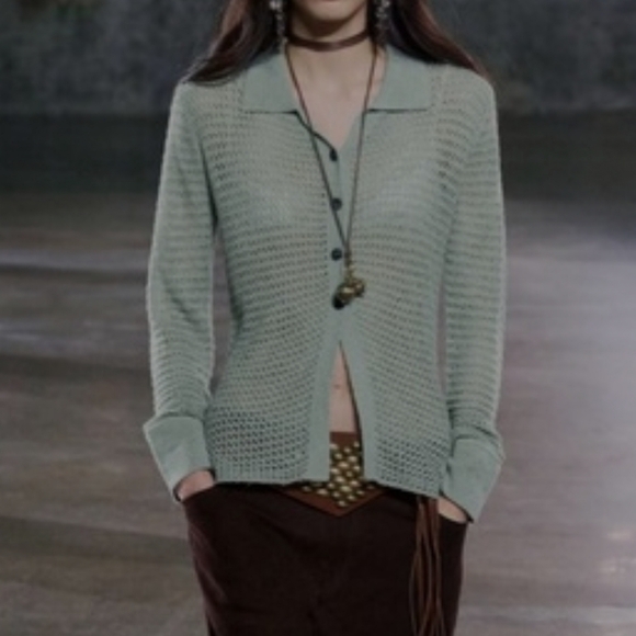Zara Light Green Open Knit Button Front Boho Cardigan Sweater Top NWT Large - Picture 11 of 12